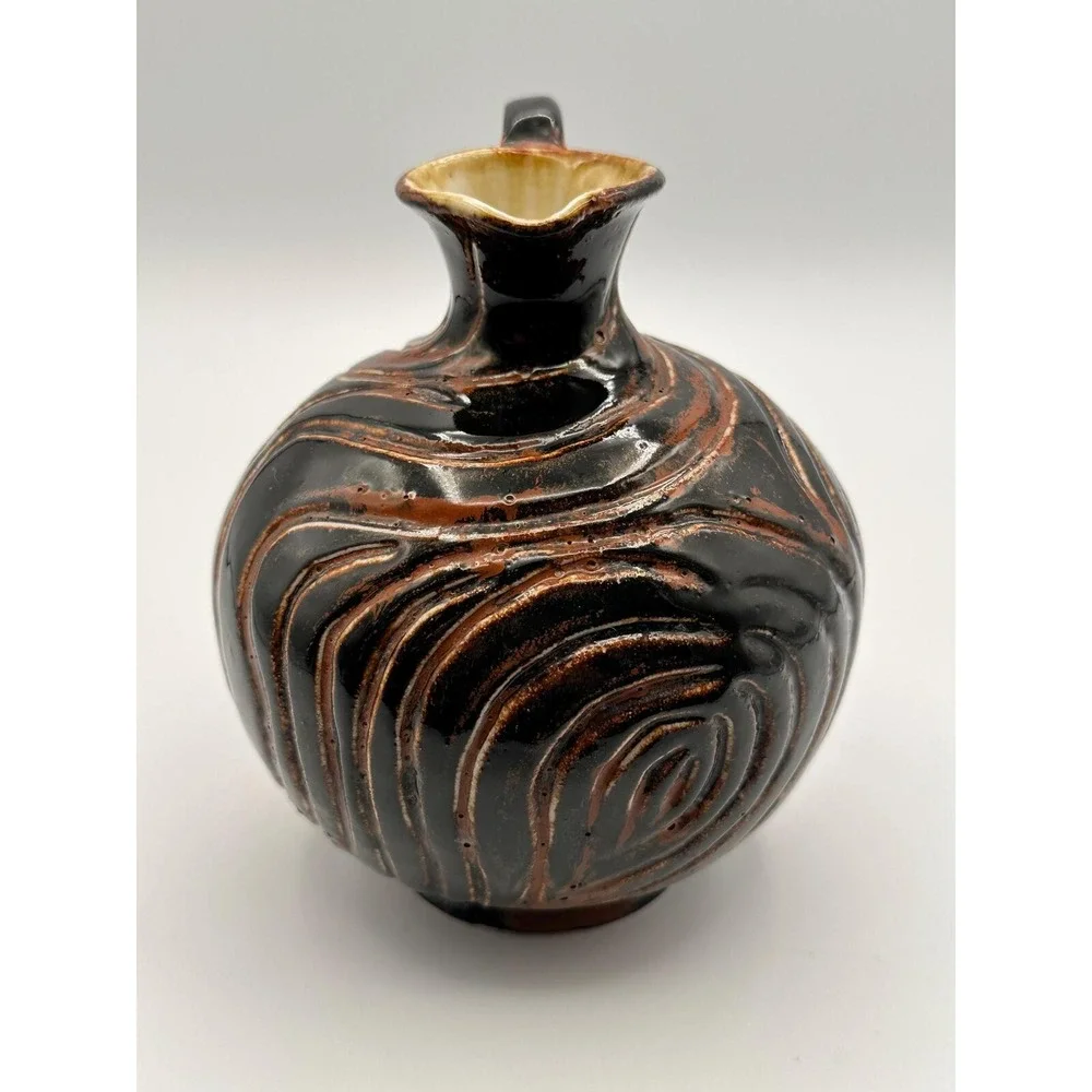 Handcrafted Studio Pottery Jug - Signed AEY Rustic MCM Swirl Glaze Pitcher